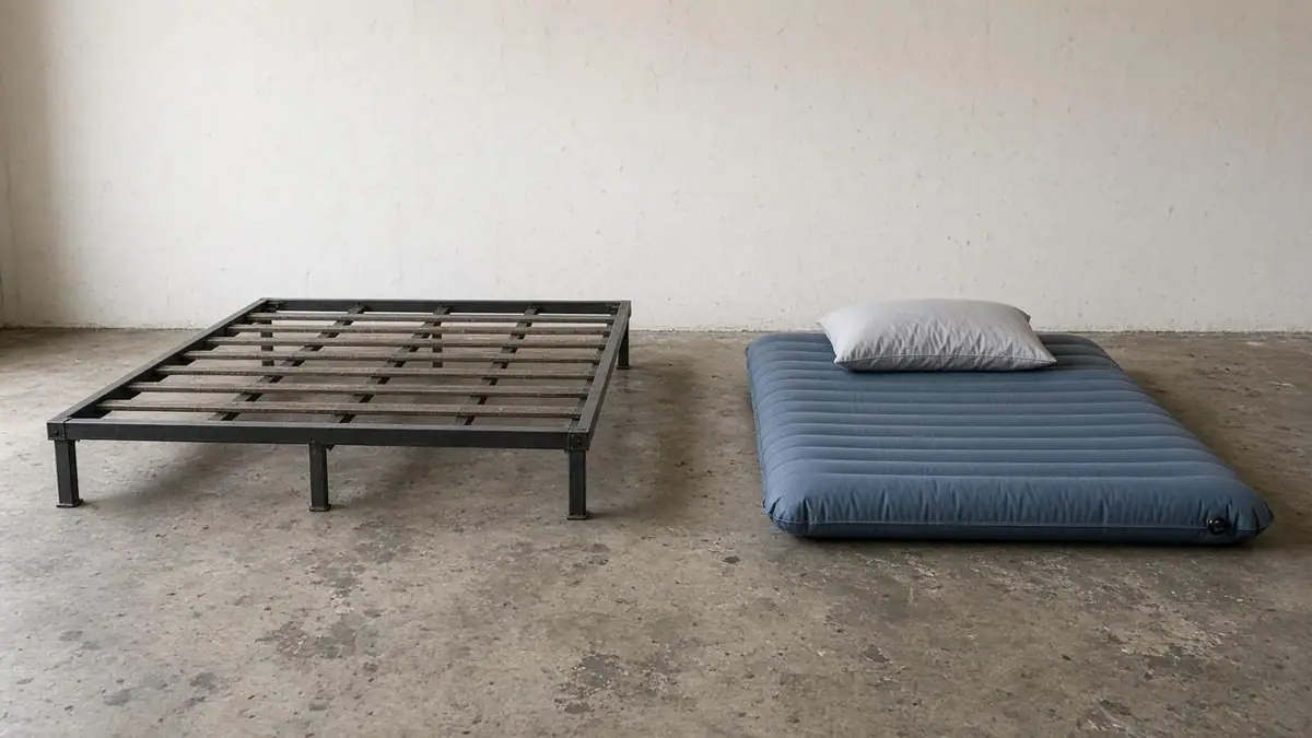 A metal bed frame, an air mattress, and a pillow, which are not accepted